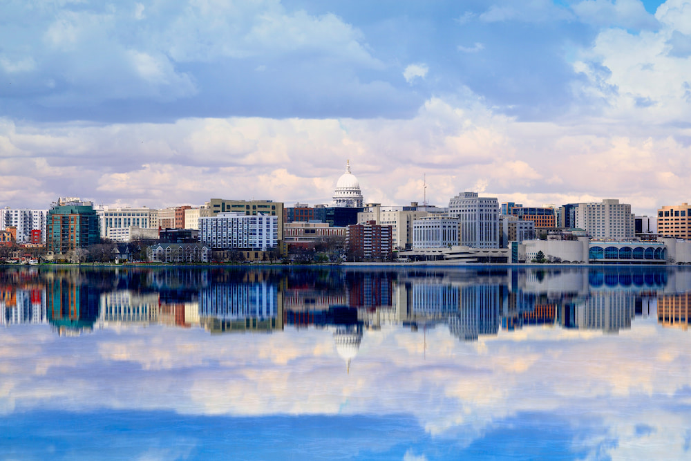 Madison Skyline and the Wisconsin State Capitol from Lake Monona, Madison, Wisconsin, USA